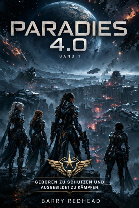 Symbolisches Covermotiv mit futuristischer Stadt und virtuellen Lichtstrukturen für Paradies 4.0