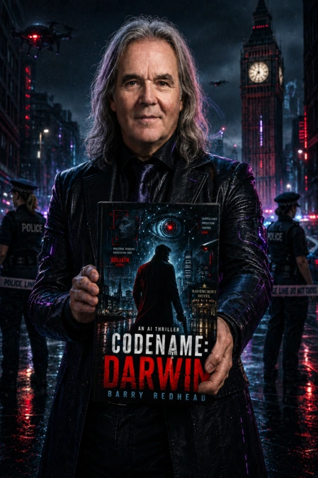 Symbolisches Covermotiv mit DNA-Strang und Code-Elementen für Codename: Darwin