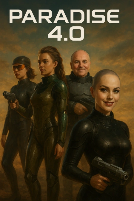 Symbolisches Covermotiv mit futuristischer Stadt und virtuellen Lichtstrukturen für Paradies 4.0